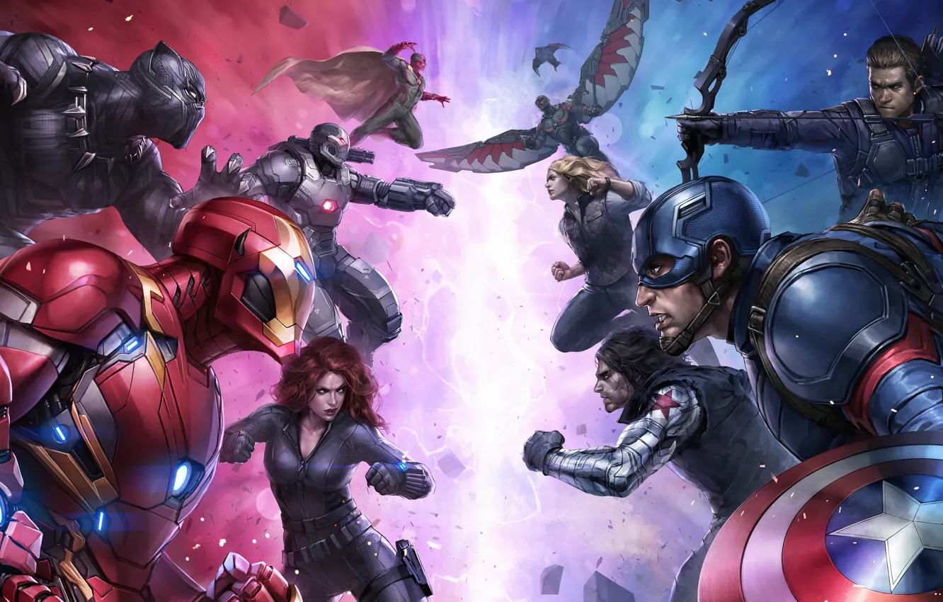 Photo wallpaper Vision, Falcon, Iron man, Captain America, Black Widow, Black Panther, Civil War, Marvel future fight