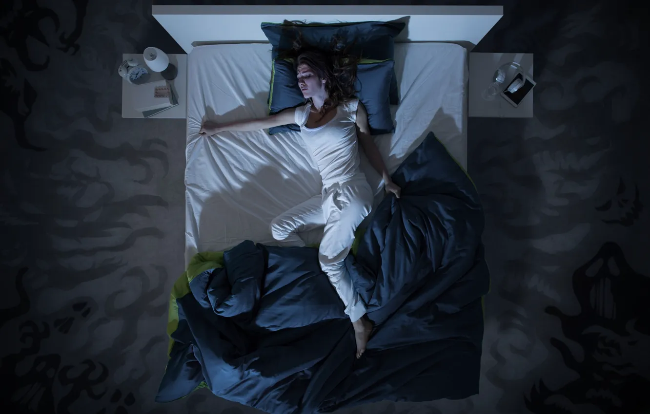 Photo wallpaper dream, woman, bed, Nightmare, restless dreams
