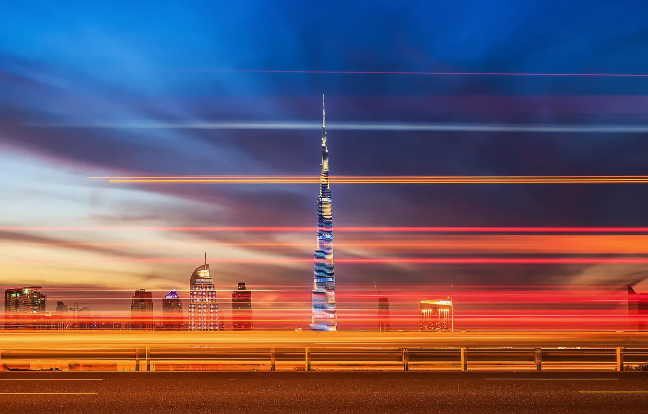 Photo wallpaper road, the city, lights, the evening, excerpt, Dubai, Dubai, UAE