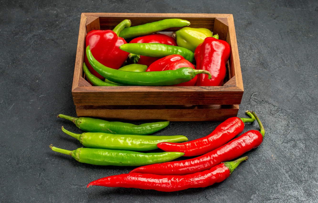 Photo wallpaper red, green, pepper, box, sharp, Chile, burning