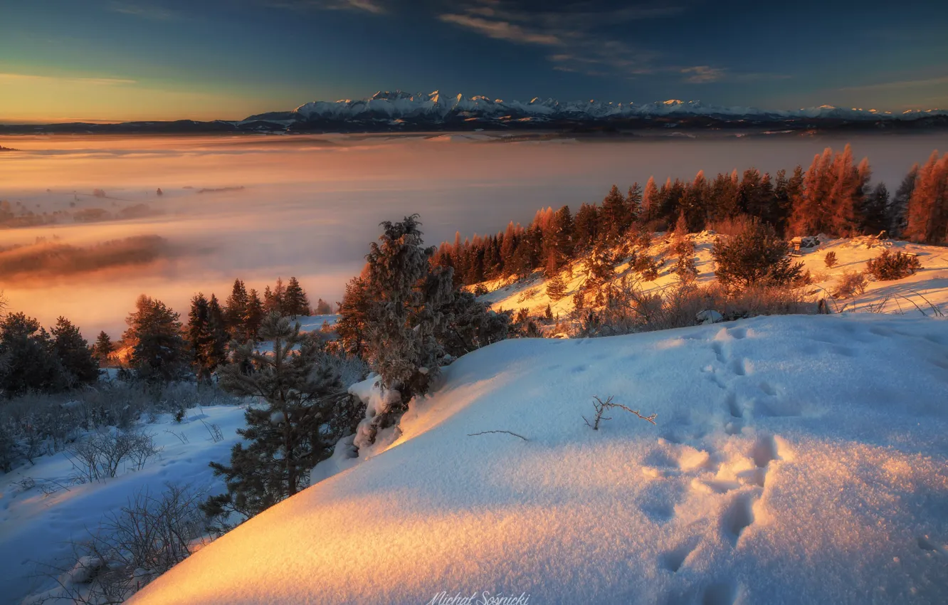 Photo wallpaper winter, clouds, snow, mountains, traces, nature, fog, morning