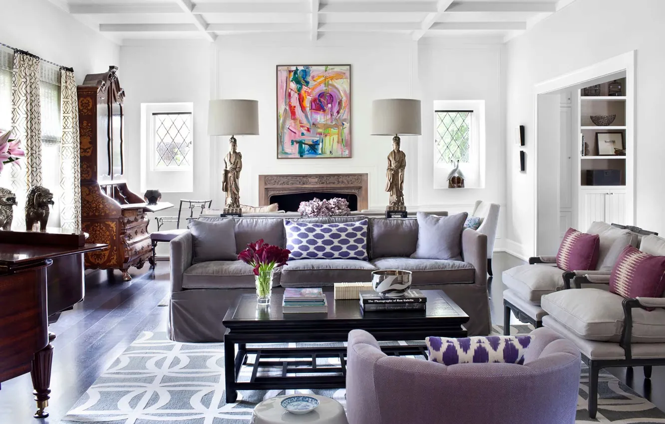 Photo wallpaper style, room, interior, Preppy traditional living room, Neat traditional living room, burnham's design, by Burnham …