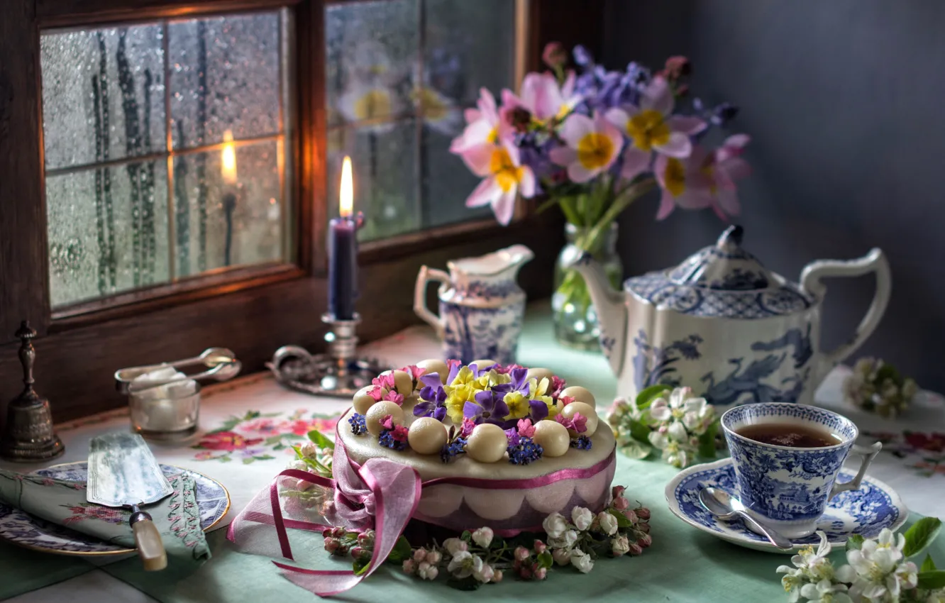 Photo wallpaper tea, candle, bouquet, window, cake, Apple