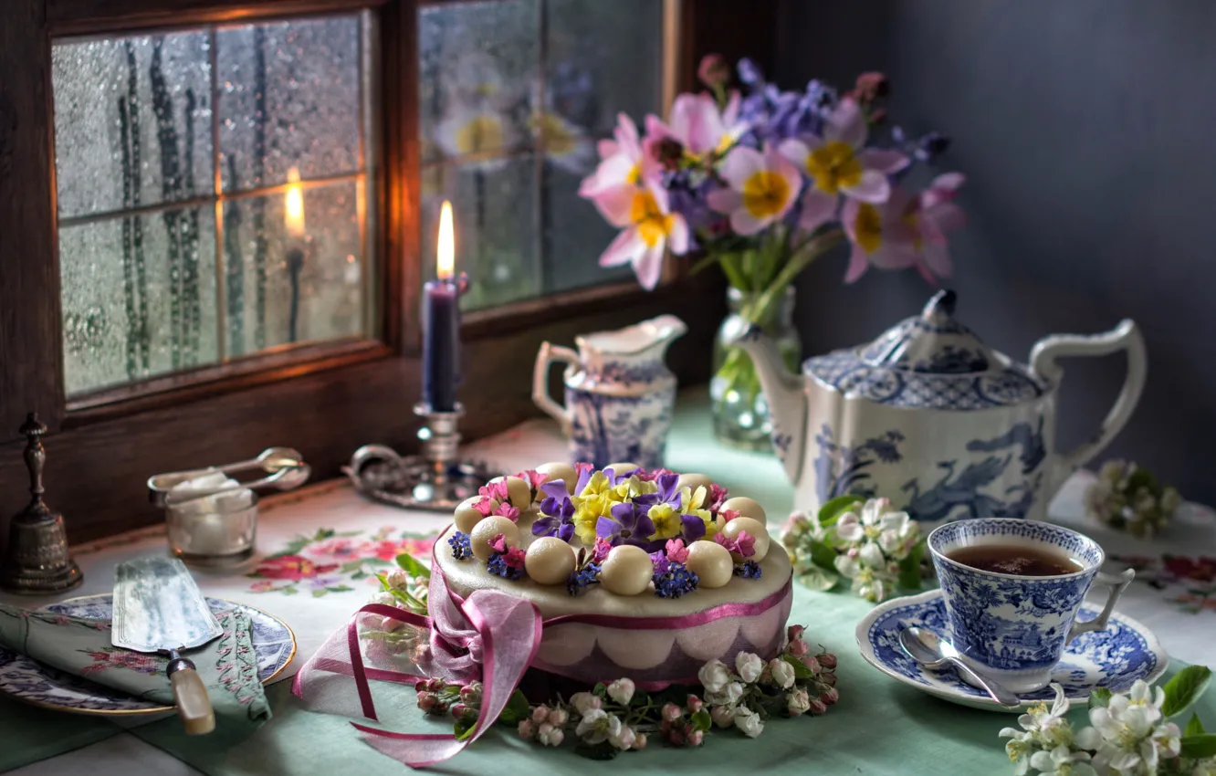 Photo wallpaper tea, bouquet, candles, window, cake, Apple