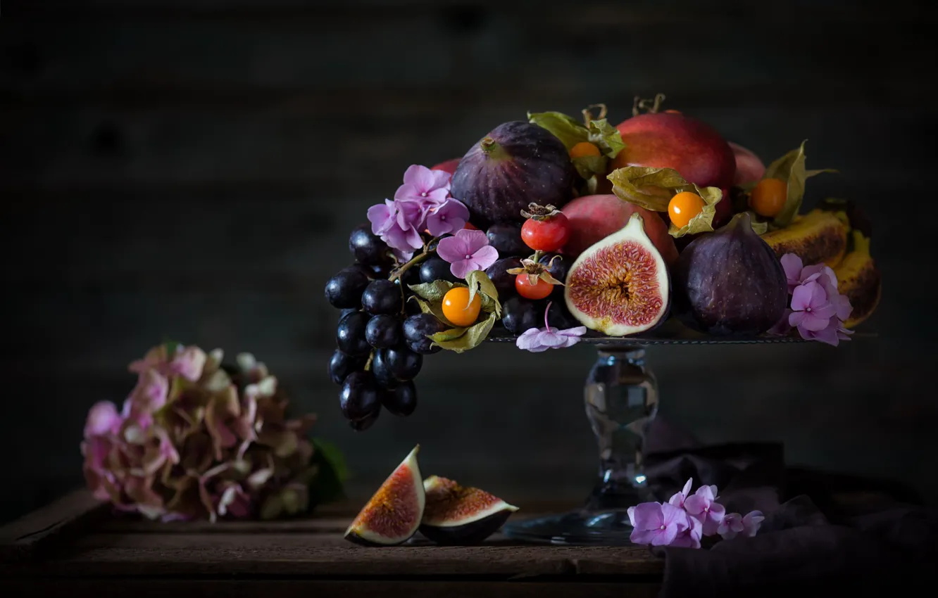 Photo wallpaper flowers, berries, Board, fruit, briar, grapes, bananas, fabric