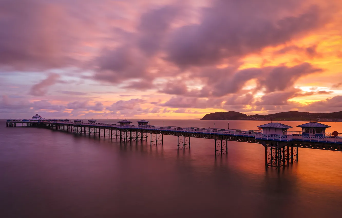 Photo wallpaper sunset, bridge, pierce, pond