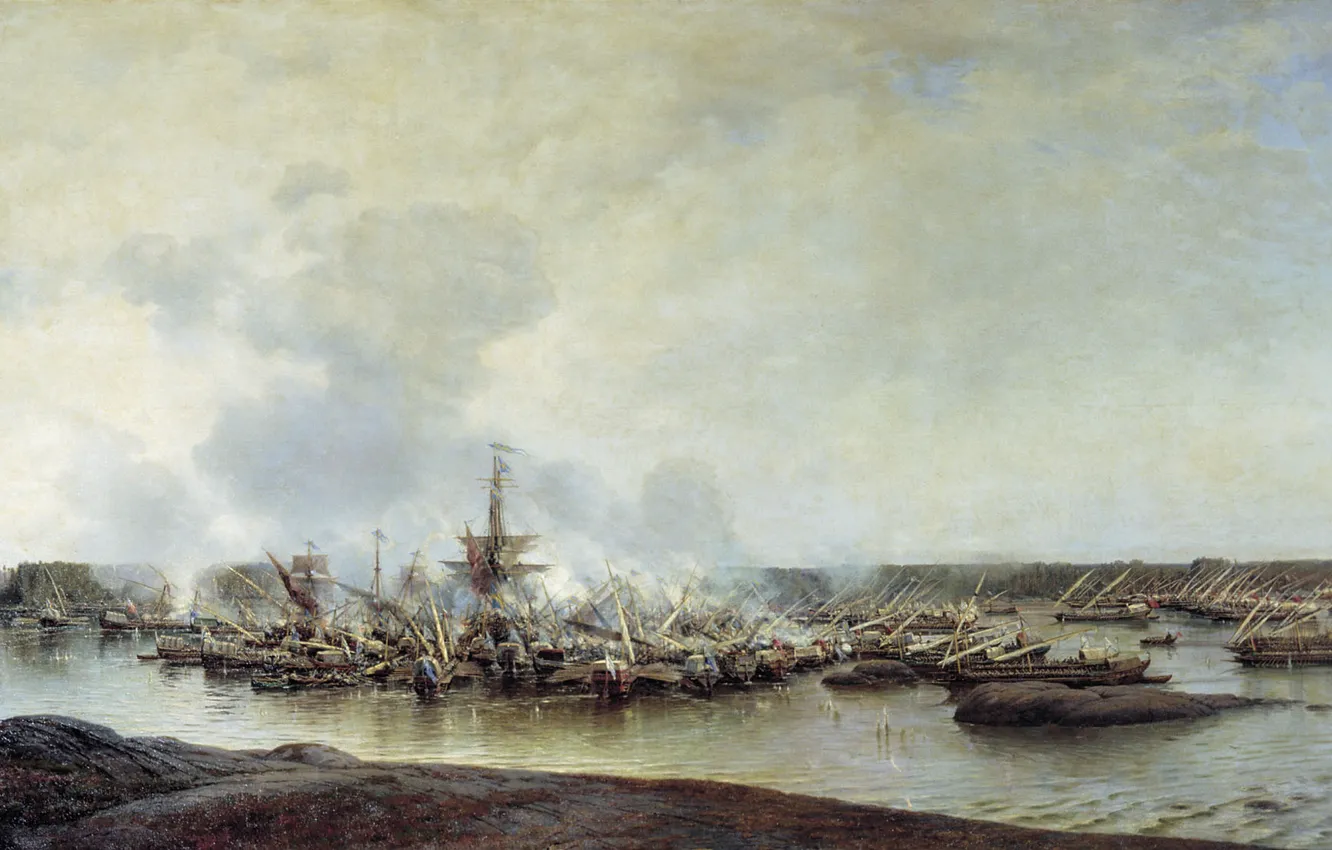 Photo wallpaper oil, Alexey BOGOLYUBOV, (1824-1896), The battle of Gangut, On 27 July 1714, 1877. Canvas