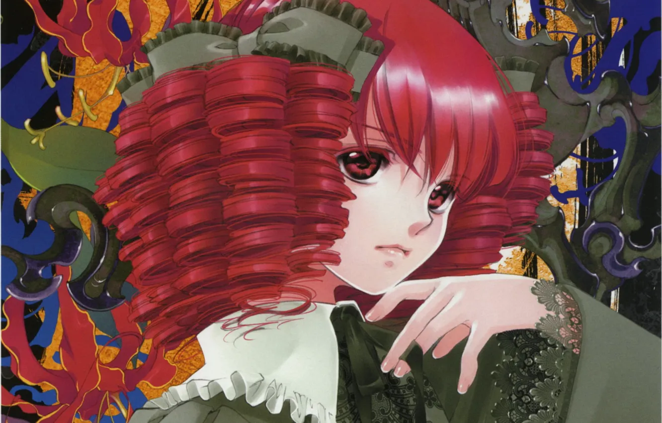 Photo wallpaper face, collar, girl, bow, lace, art, curls, ruffles