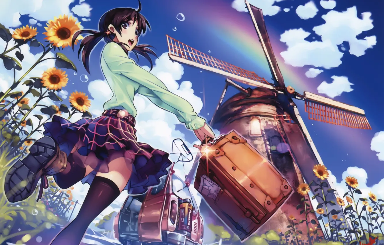 Photo wallpaper the sky, girl, sunflowers, rainbow, anime, mill, form, tram