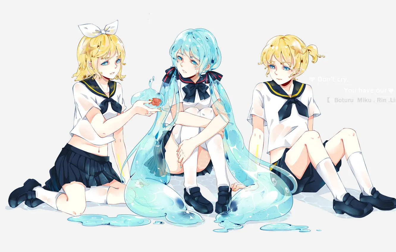 Photo wallpaper girl, fish, art, guy, vocaloid, bow, Vocaloid, students