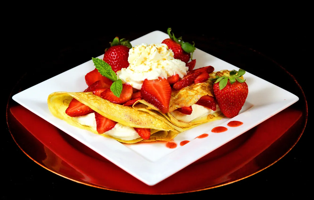 Photo wallpaper berries, strawberry, cakes, cheese, berries, pancakes, pancakes, serving