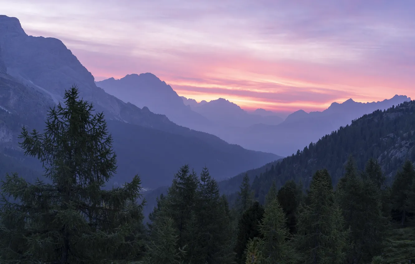 Photo wallpaper the sky, clouds, trees, sunset, mountains, rocks, the evening