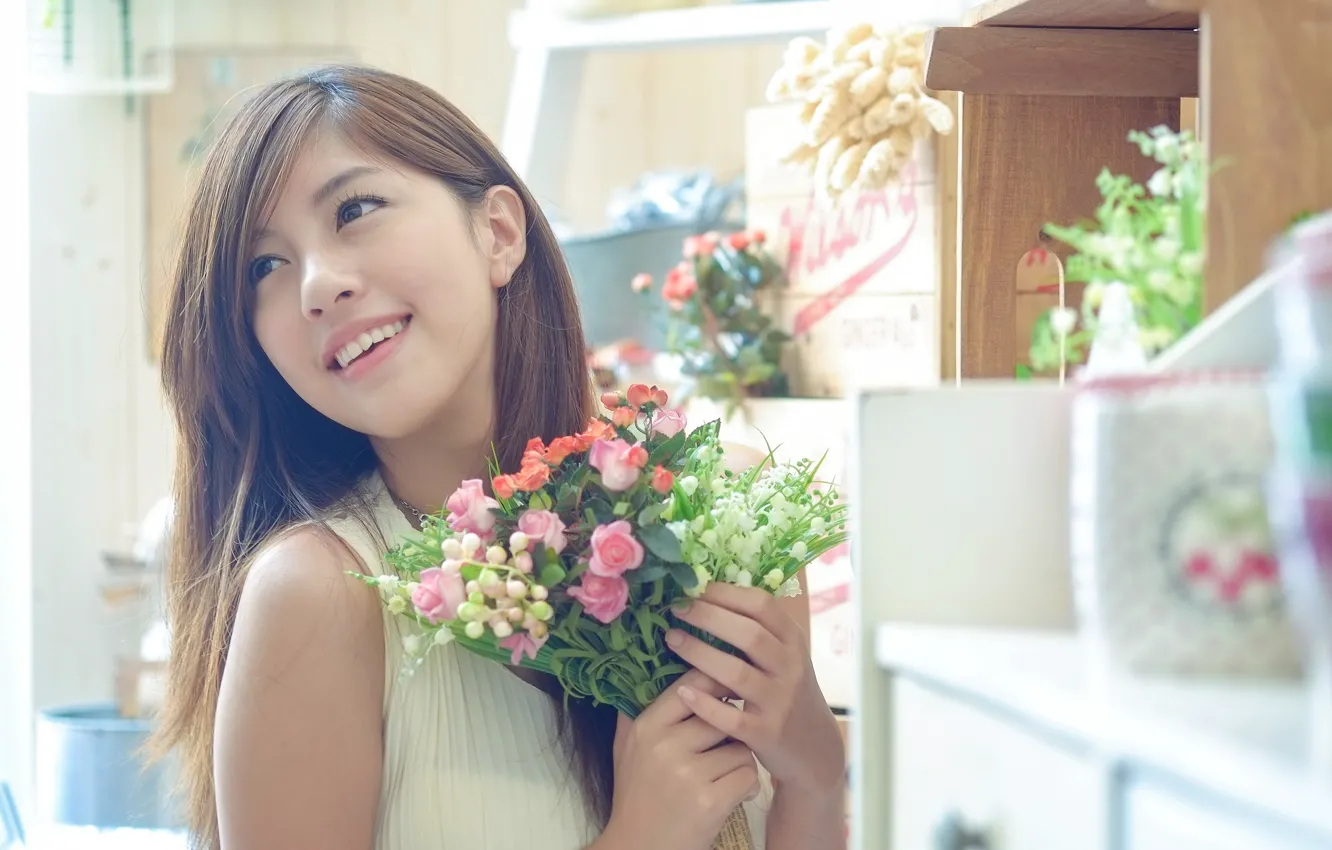 Photo wallpaper girl, flowers, Asian