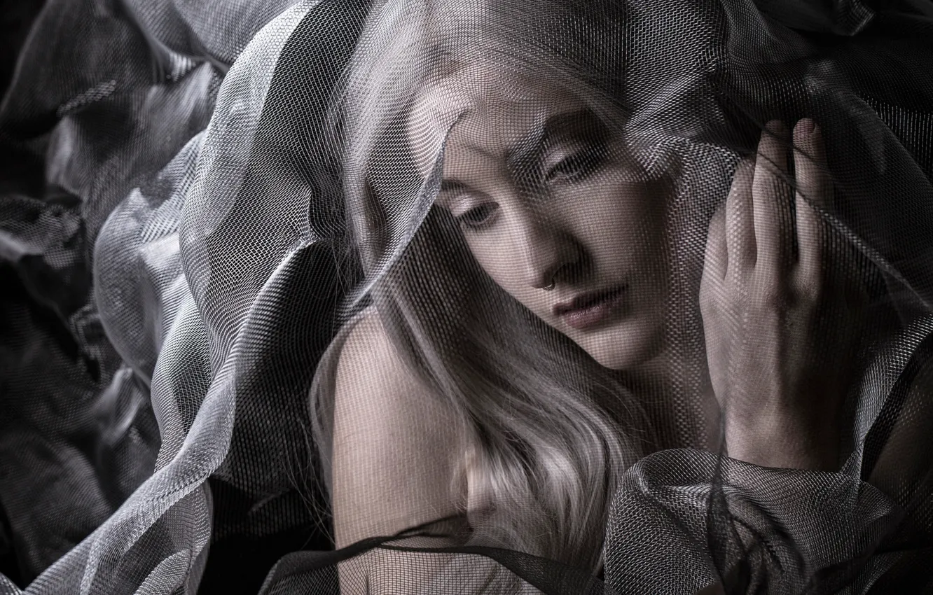 Photo wallpaper look, girl, face, mesh, network, portrait, hands, piercing