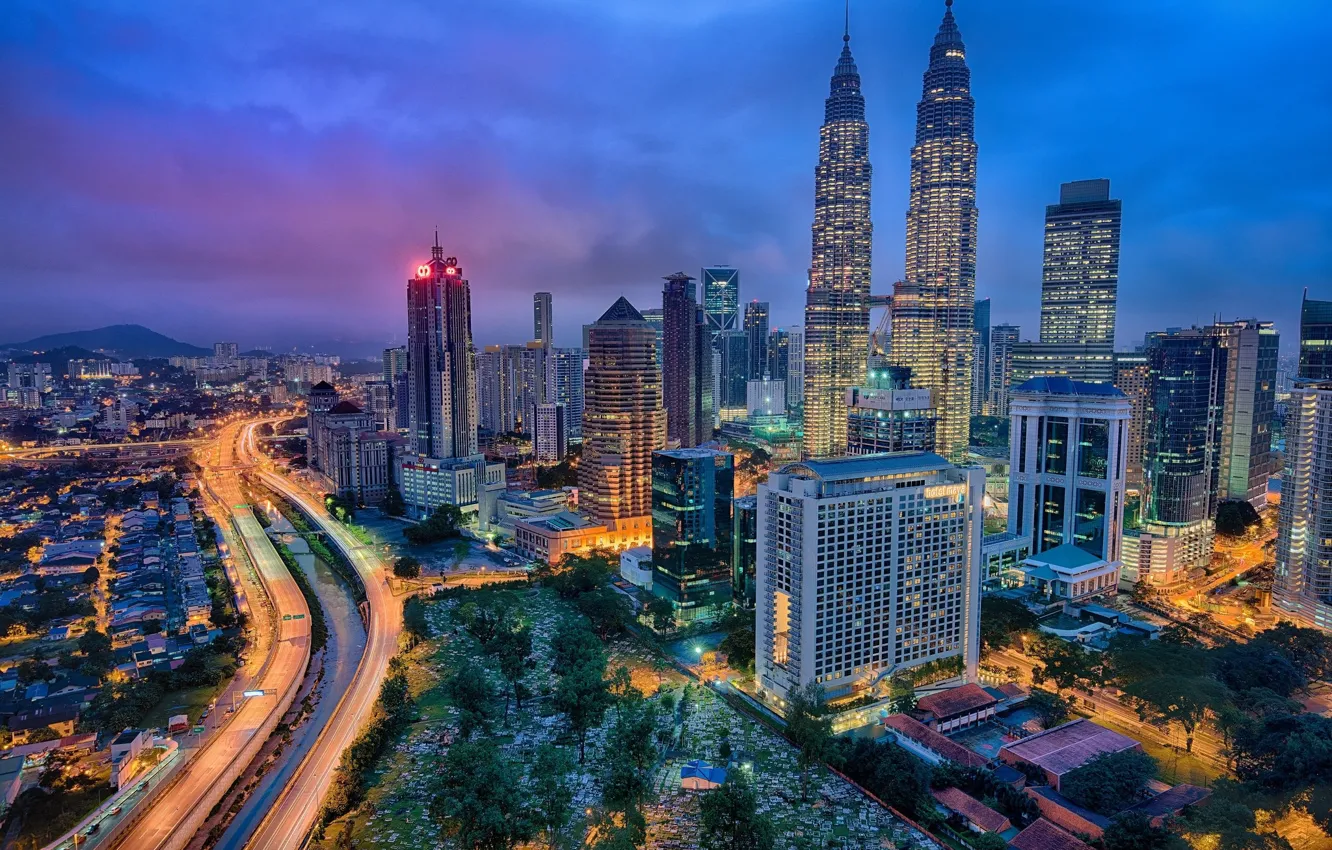 Photo wallpaper the city, lights, Malaysia, blue sky, Kuala Lumpur
