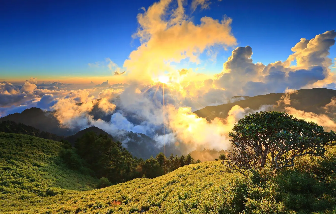 Photo wallpaper the sky, the sun, clouds, mountains, slope
