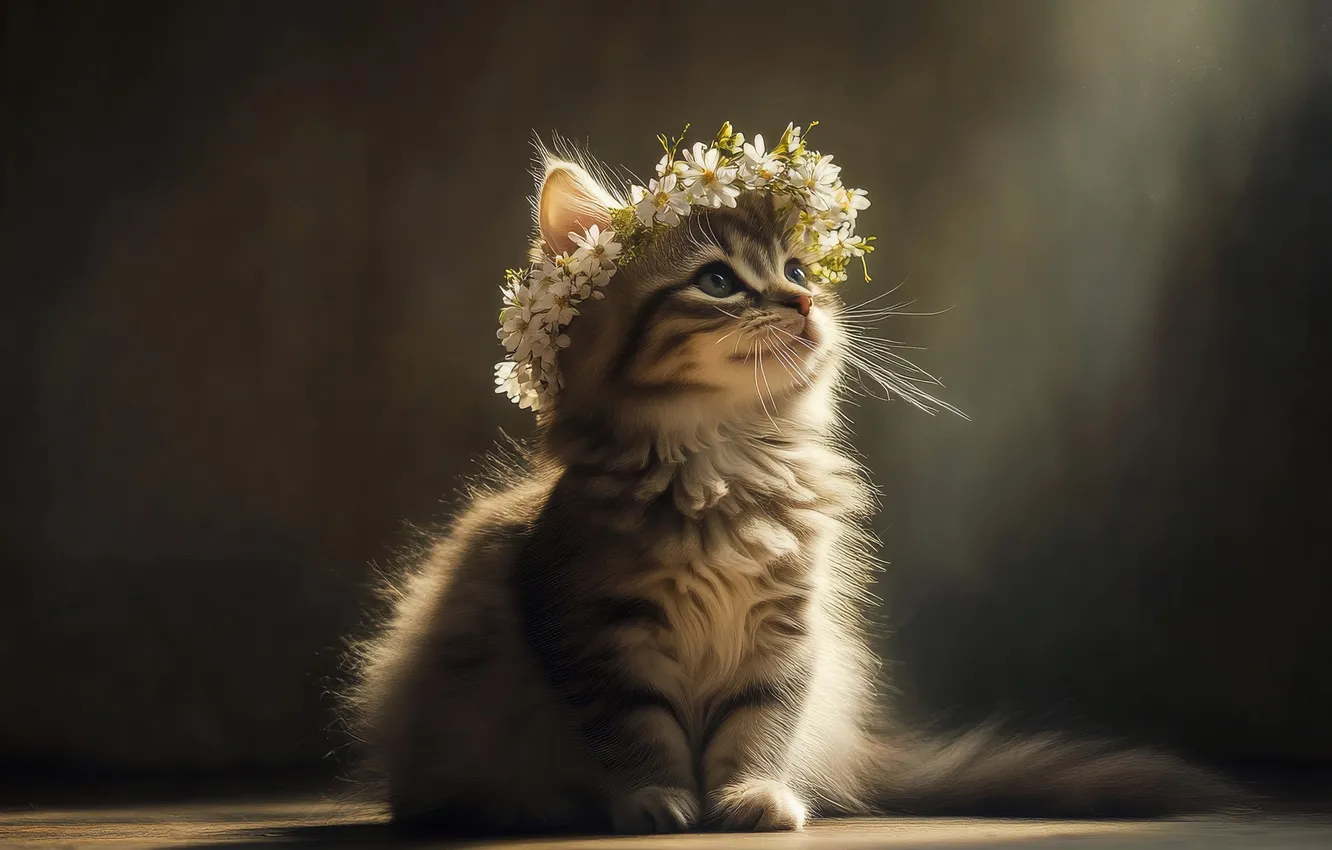 Photo wallpaper cat, mustache, look, rays, light, flowers, pose, the dark background