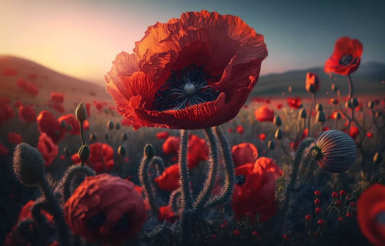 Photo wallpaper red, flowers, morning, AI art, styling, Mac, field, hills