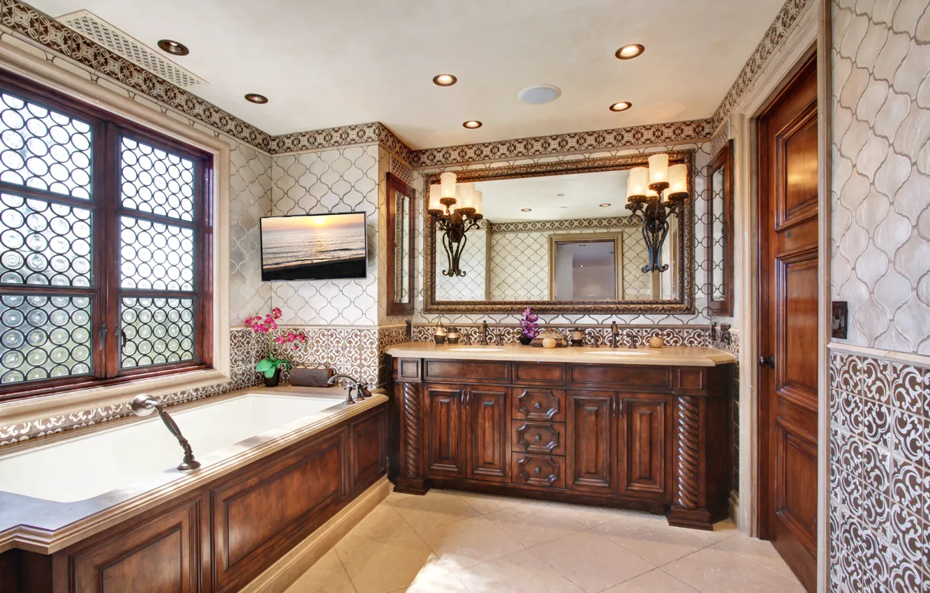 Photo wallpaper interior, picture, candles, mirror, window, bath, luxury, bathroom