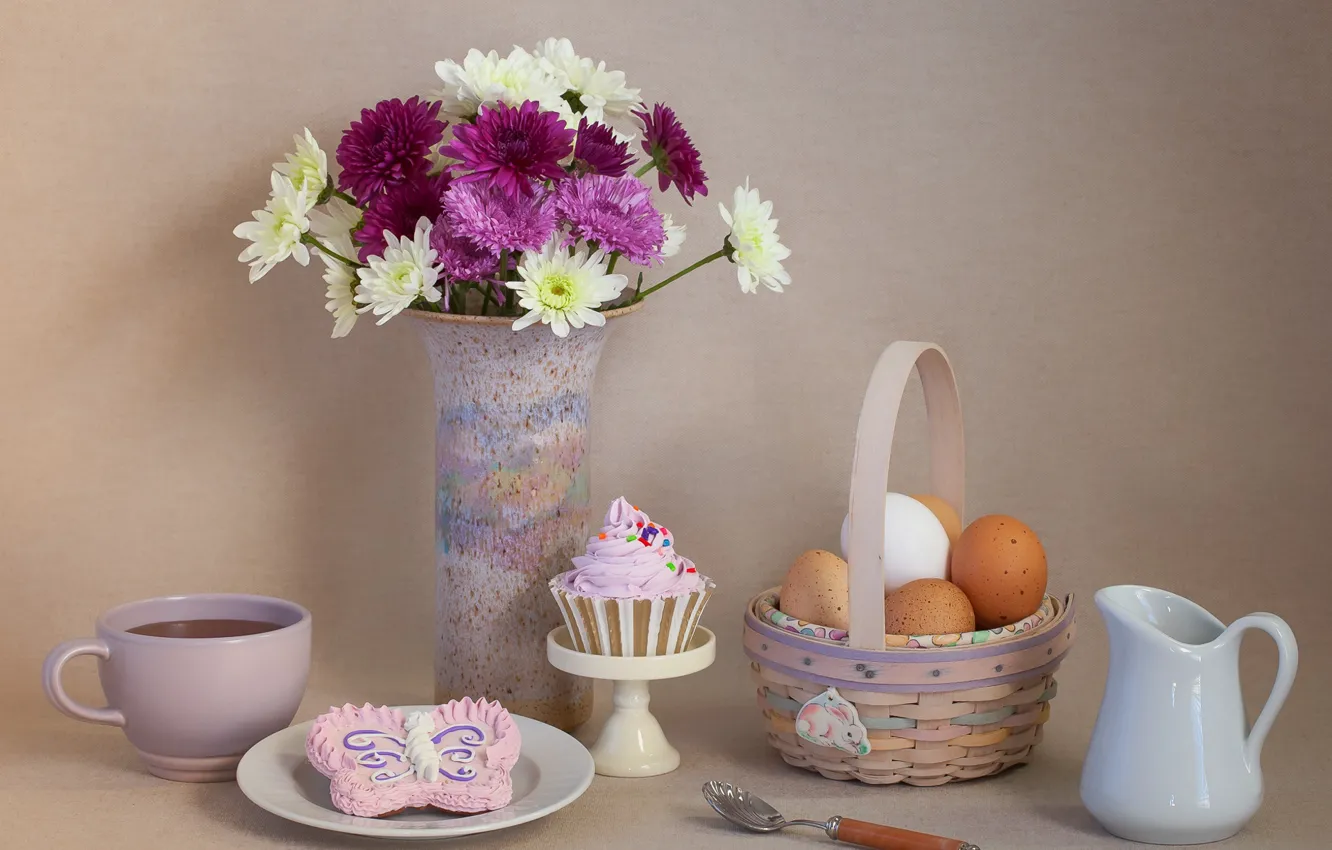 Photo wallpaper flowers, tea, eggs, cookies, still life