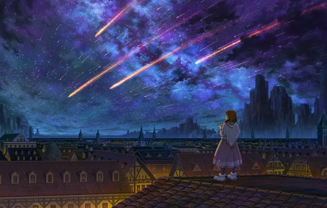 Photo wallpaper girl, night, the roofs of the houses, star rain