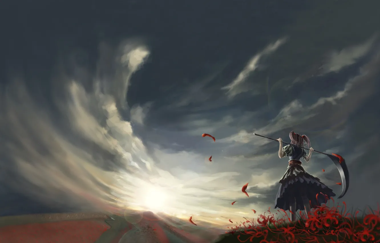 Photo wallpaper field, the sky, clouds, the wind, braid, onozuka komachi