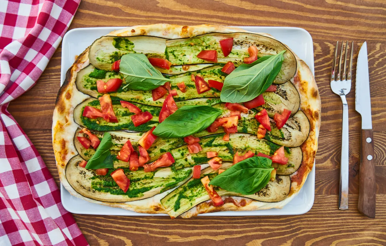 Photo wallpaper knife, plug, vegetables, pizza, vegetarian