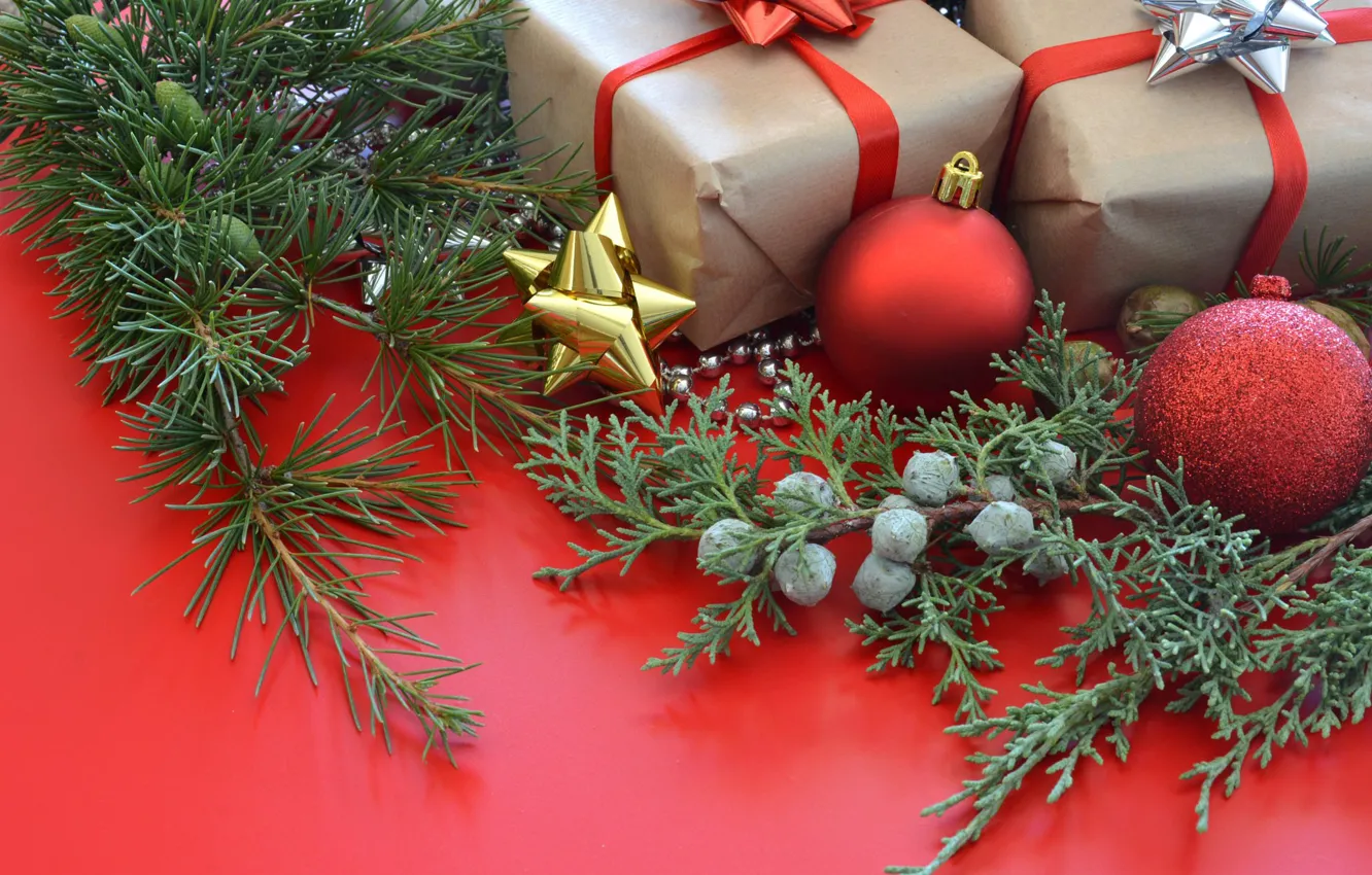 Photo wallpaper balls, decoration, branches, holiday, balls, toys, new year, Christmas