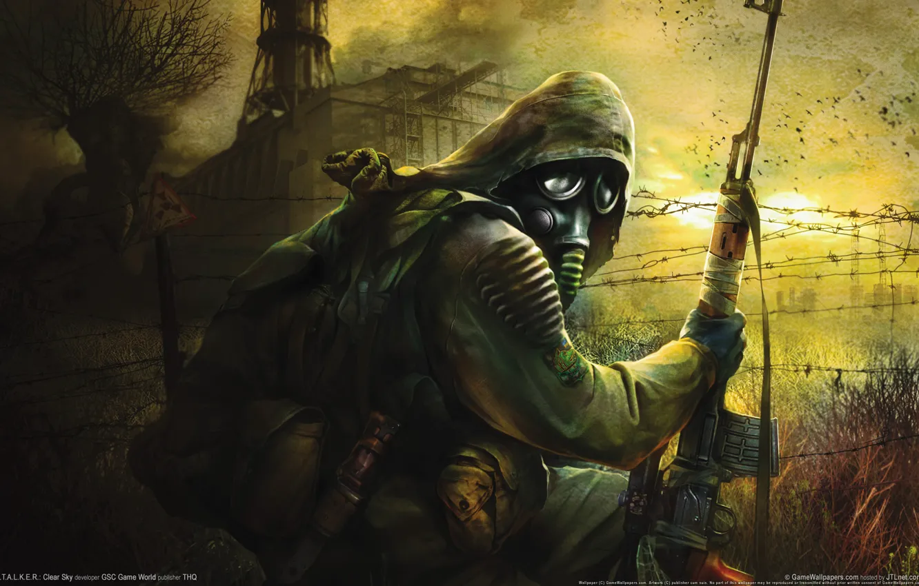 Photo wallpaper gas mask, the gun, Stalker, clear sky, Stalker