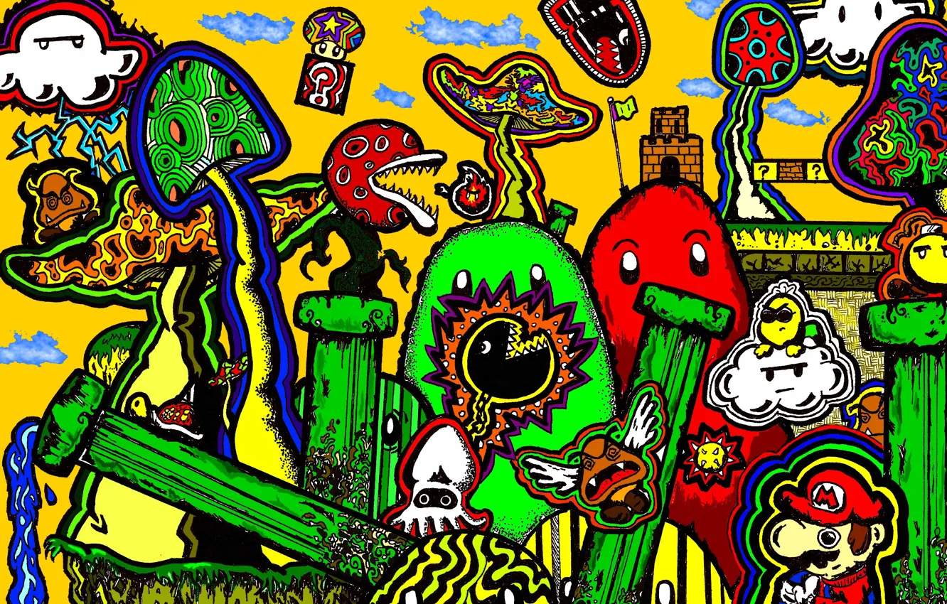Photo wallpaper fantasy, mushrooms, Mario, figure, mario, abstraction, psychedelic, psychedelic