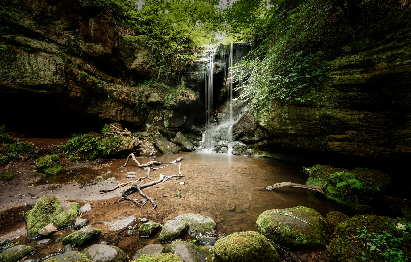 Photo wallpaper stones, rocks, waterfall, moss