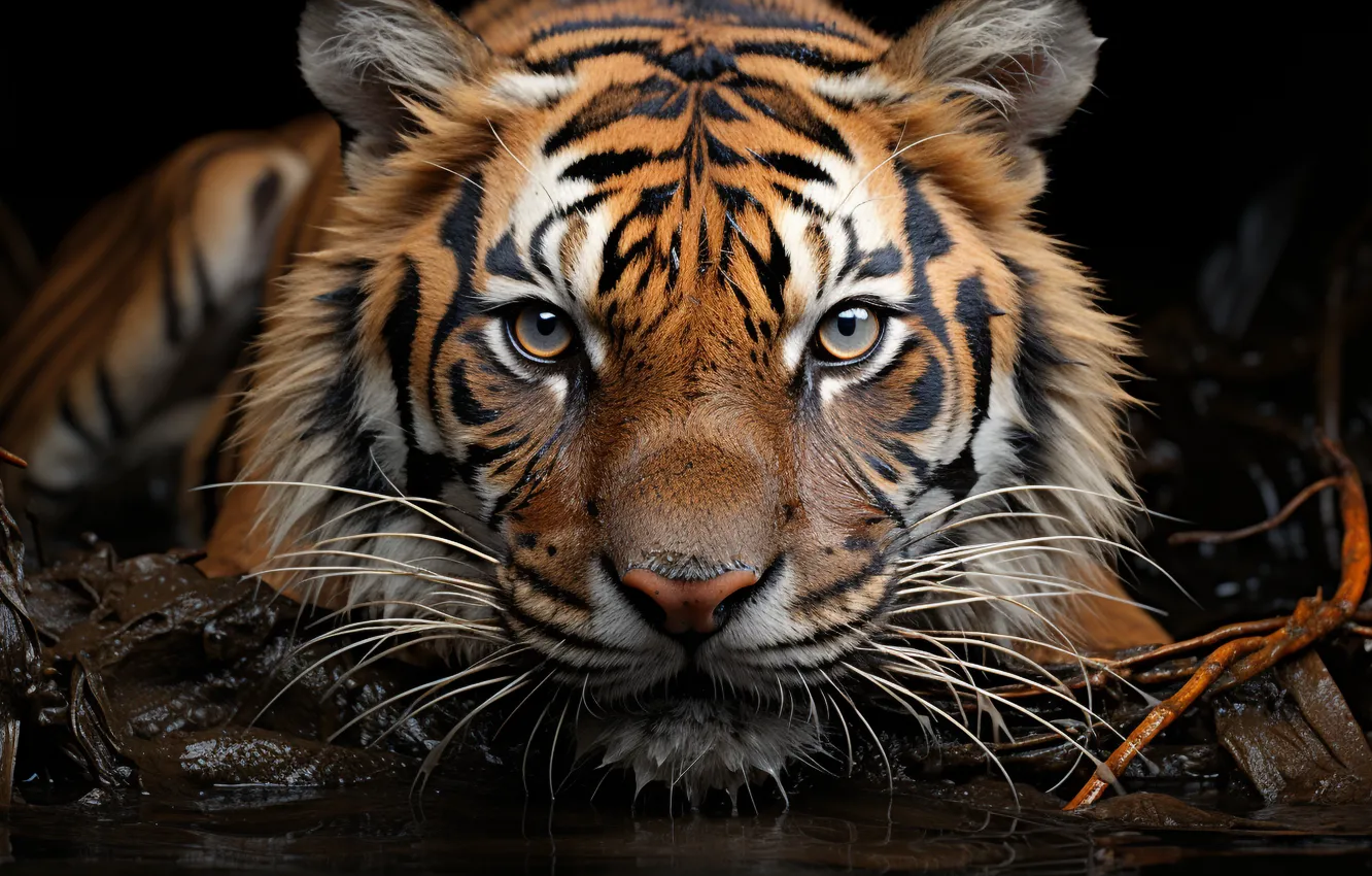 Photo wallpaper look, face, water, tiger, predator, big cat, Bengal, digital art