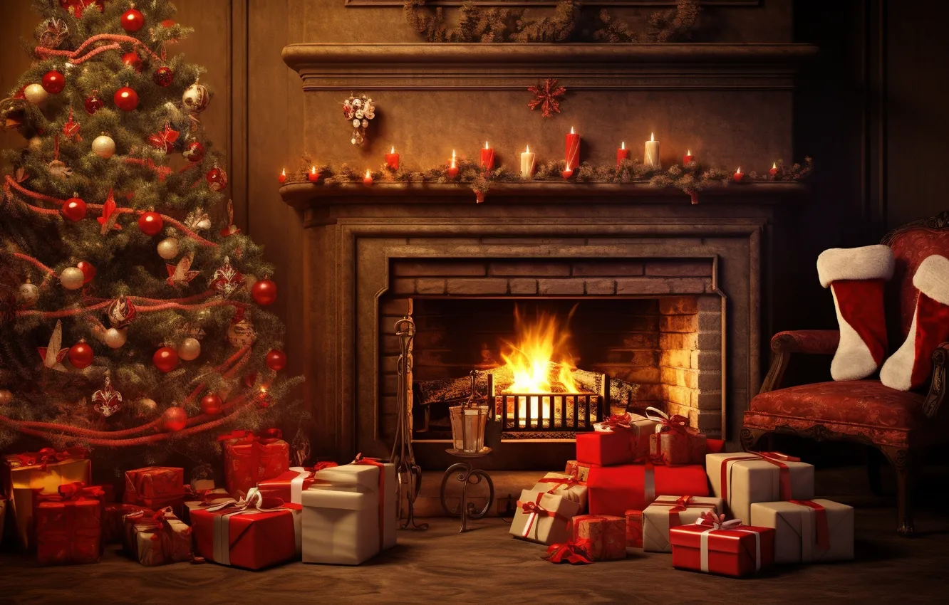 Photo wallpaper decoration, room, gift, balls, tree, new year, interior, Christmas