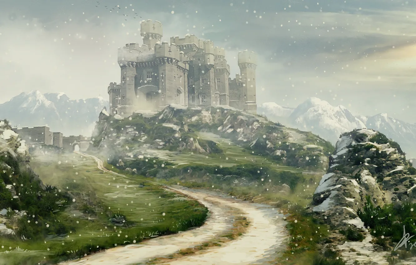 Photo wallpaper snow, mountains, stones, castle, Winter is coming