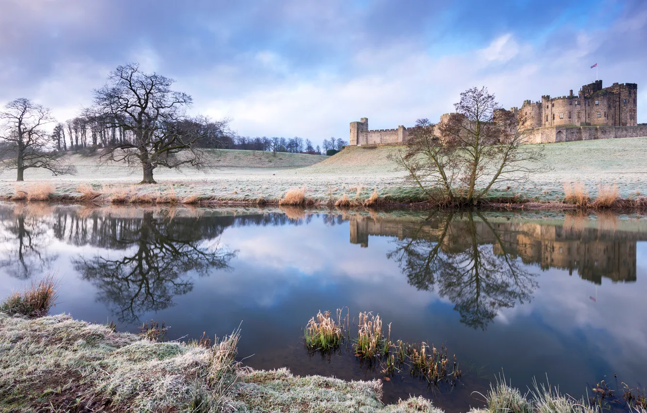 Photo wallpaper winter, frost, castle, England, Northumberland, Alnwick