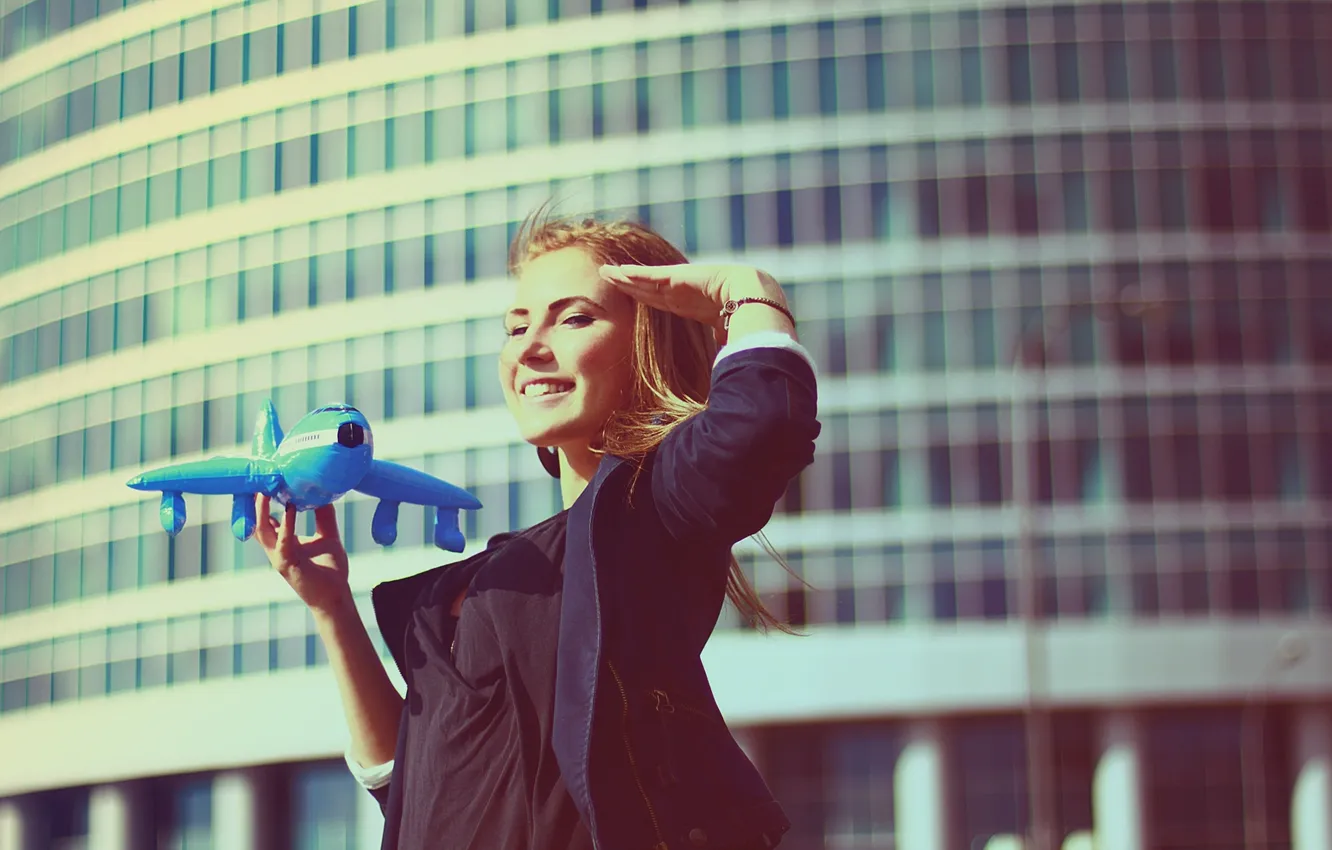 Photo wallpaper girl, smile, the plane, background, mood, Wallpaper, toy, blonde