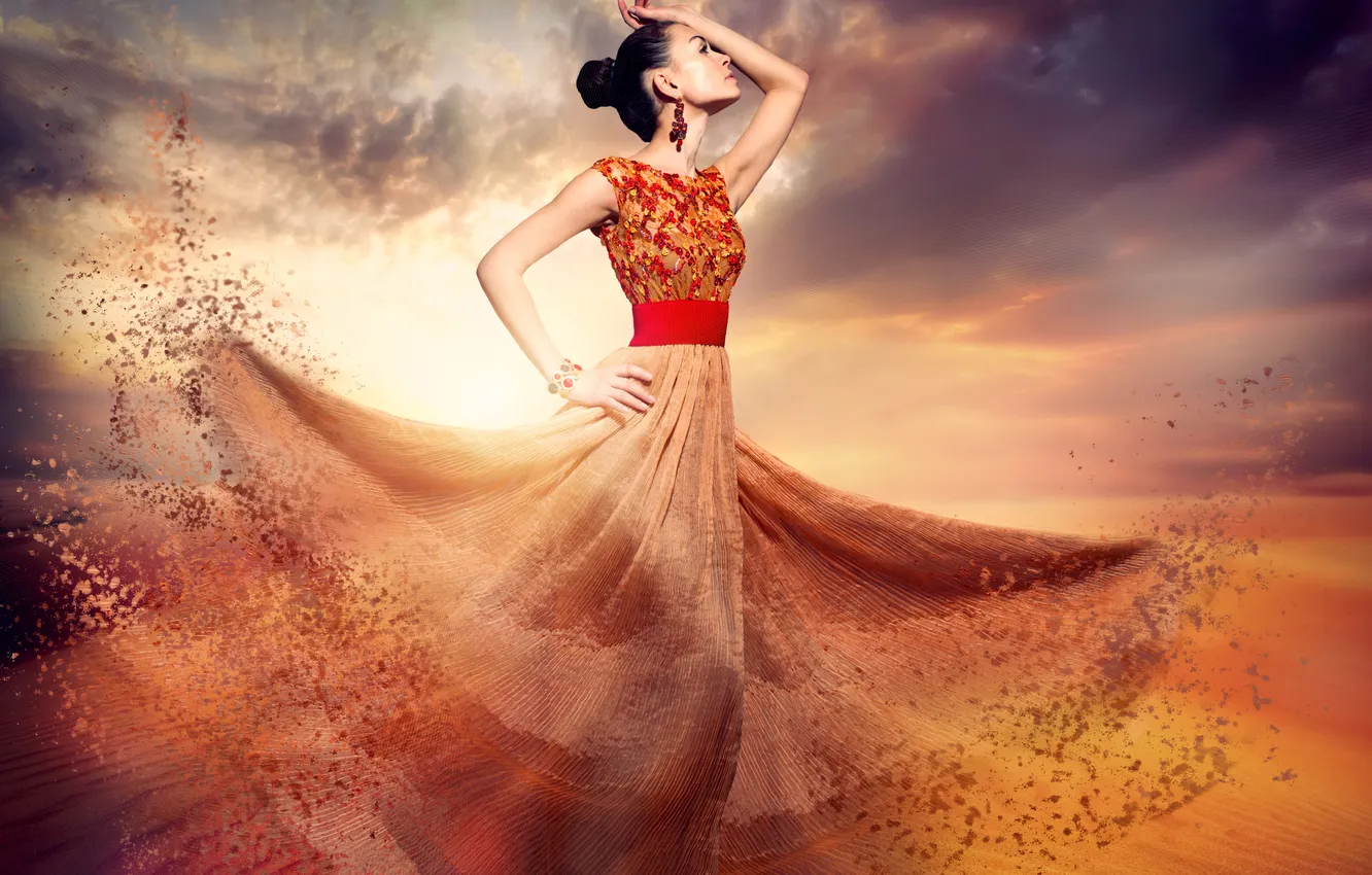 Photo wallpaper girl, clouds, creative, desert, dance