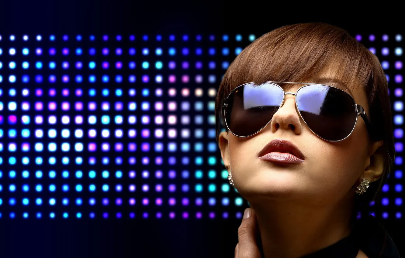 Photo wallpaper purple, girl, light, blue, face, reflection, shadow, earrings