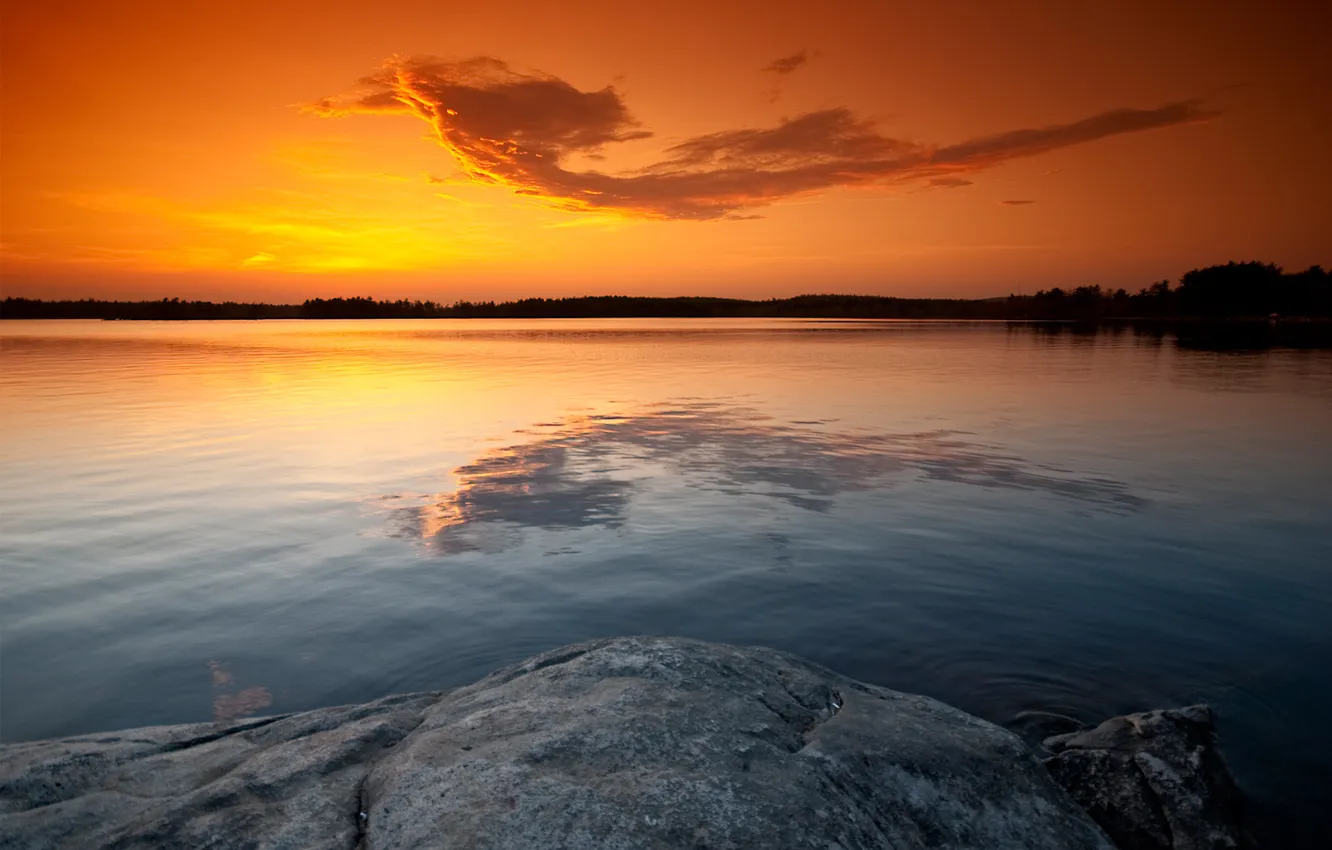 Photo wallpaper the sky, sunset, lake, stones, gold