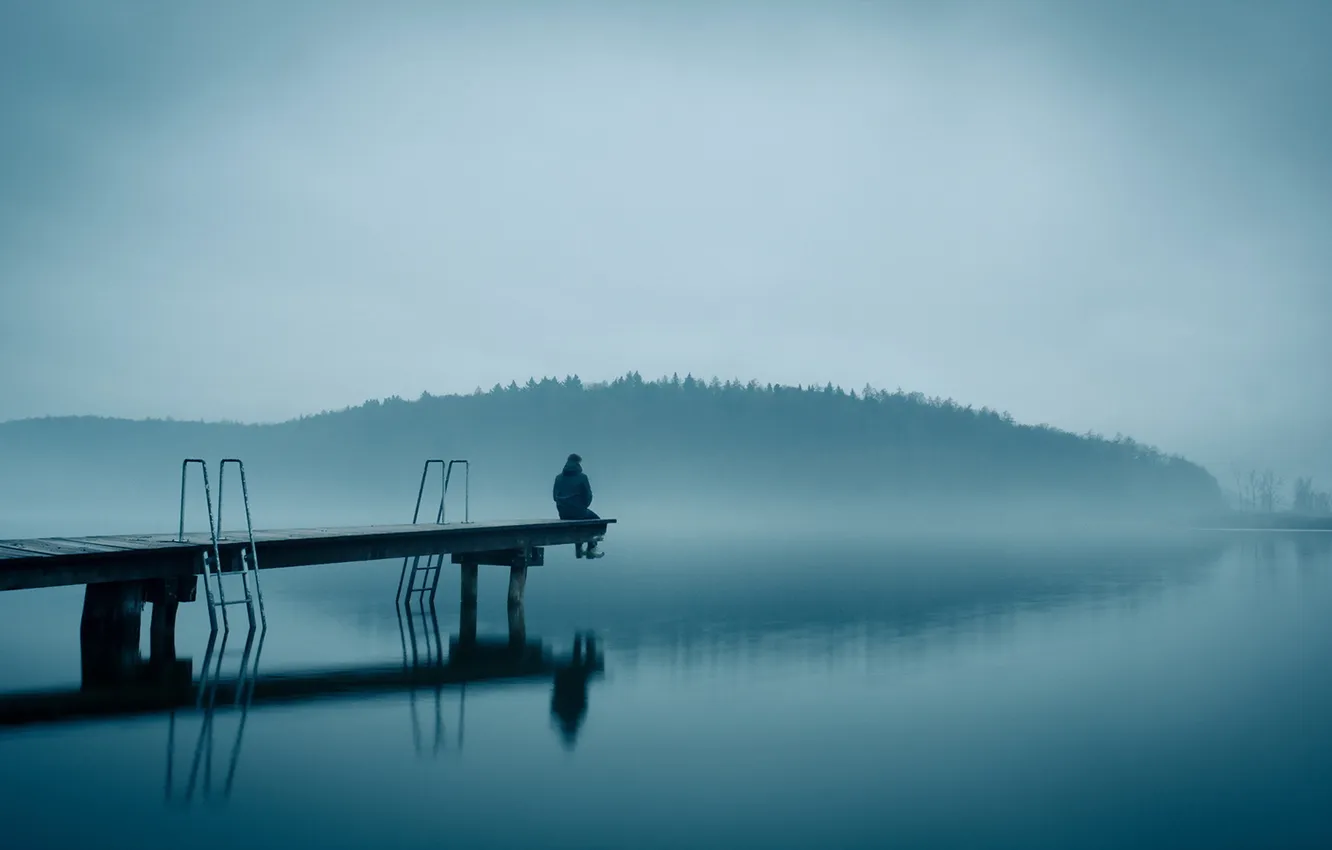 Photo wallpaper bridge, nature, fog, lake, people