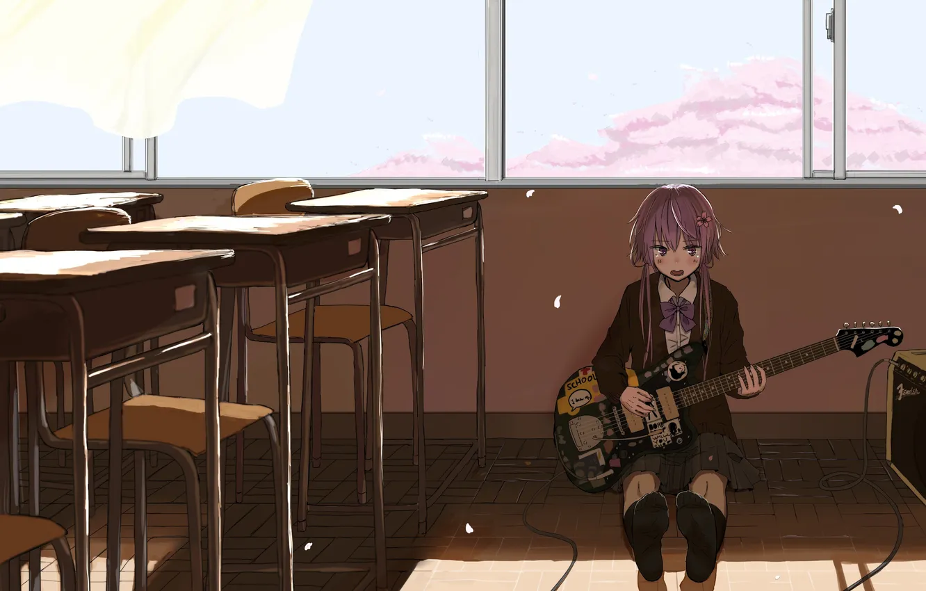 Photo wallpaper girl, guitar, petals, window, vocaloid, school, sitting, office