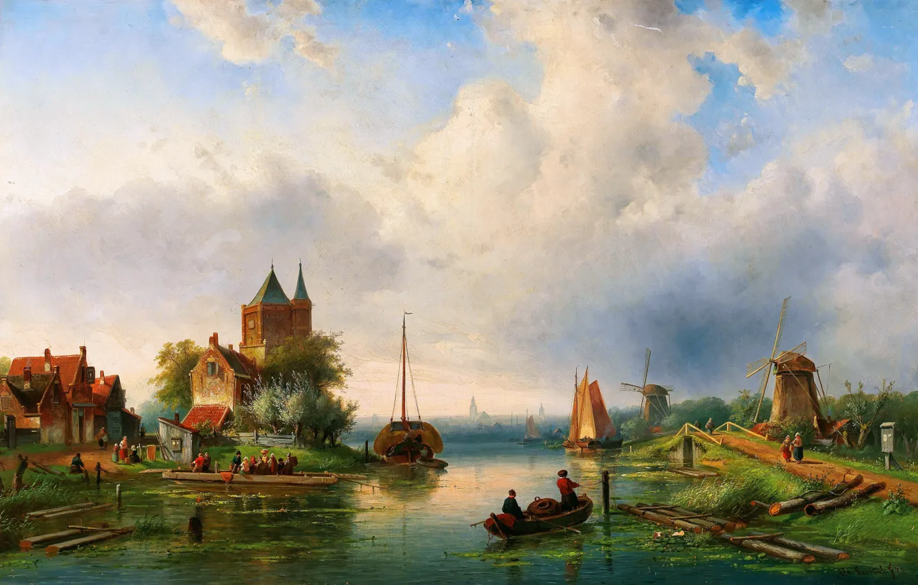 Photo wallpaper Home, River, People, Clouds, Picture, Mill, Charles Leickert, Charles Henri Joseph Leikert