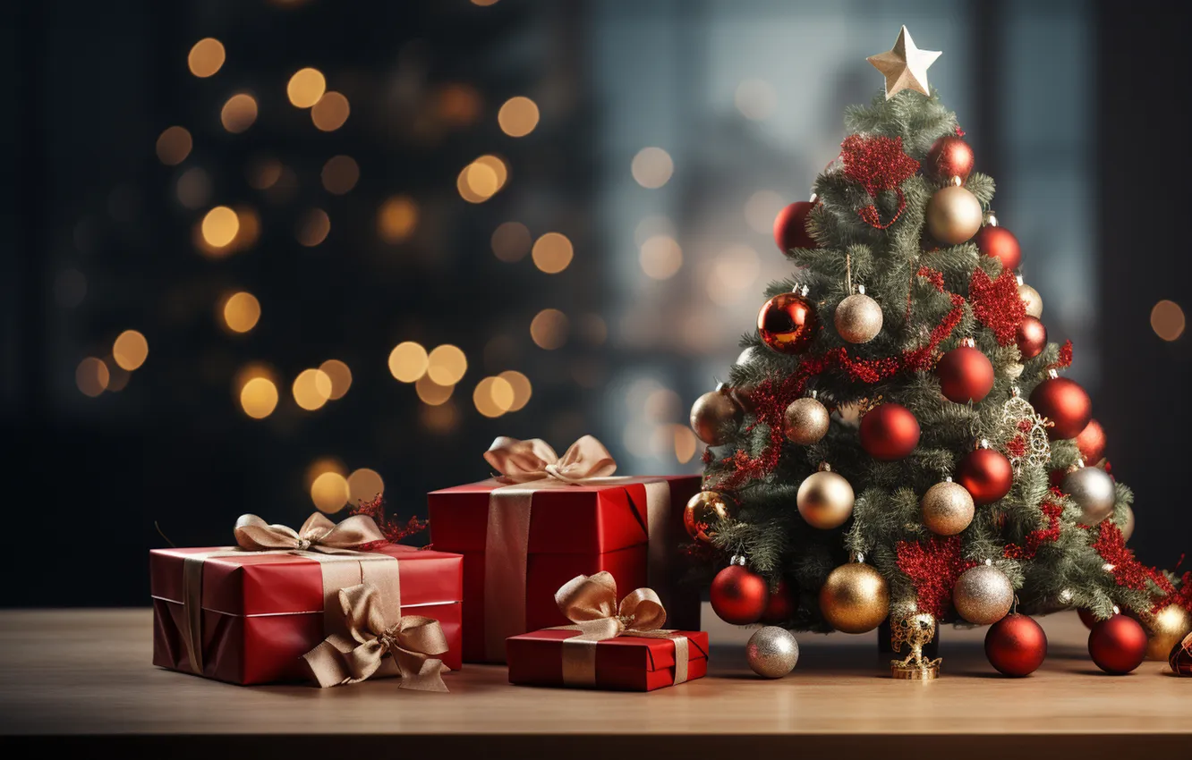 Photo wallpaper gift, tree, new year, Christmas, Christmas, tree, decoration, Gift Boxes