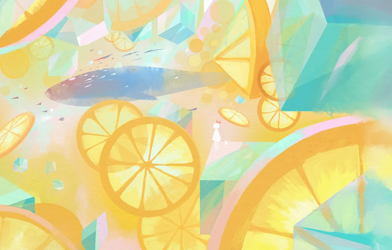 Photo wallpaper rabbit, kit, girl, lemonade, ice cubes, paper airplanes, lemon slices
