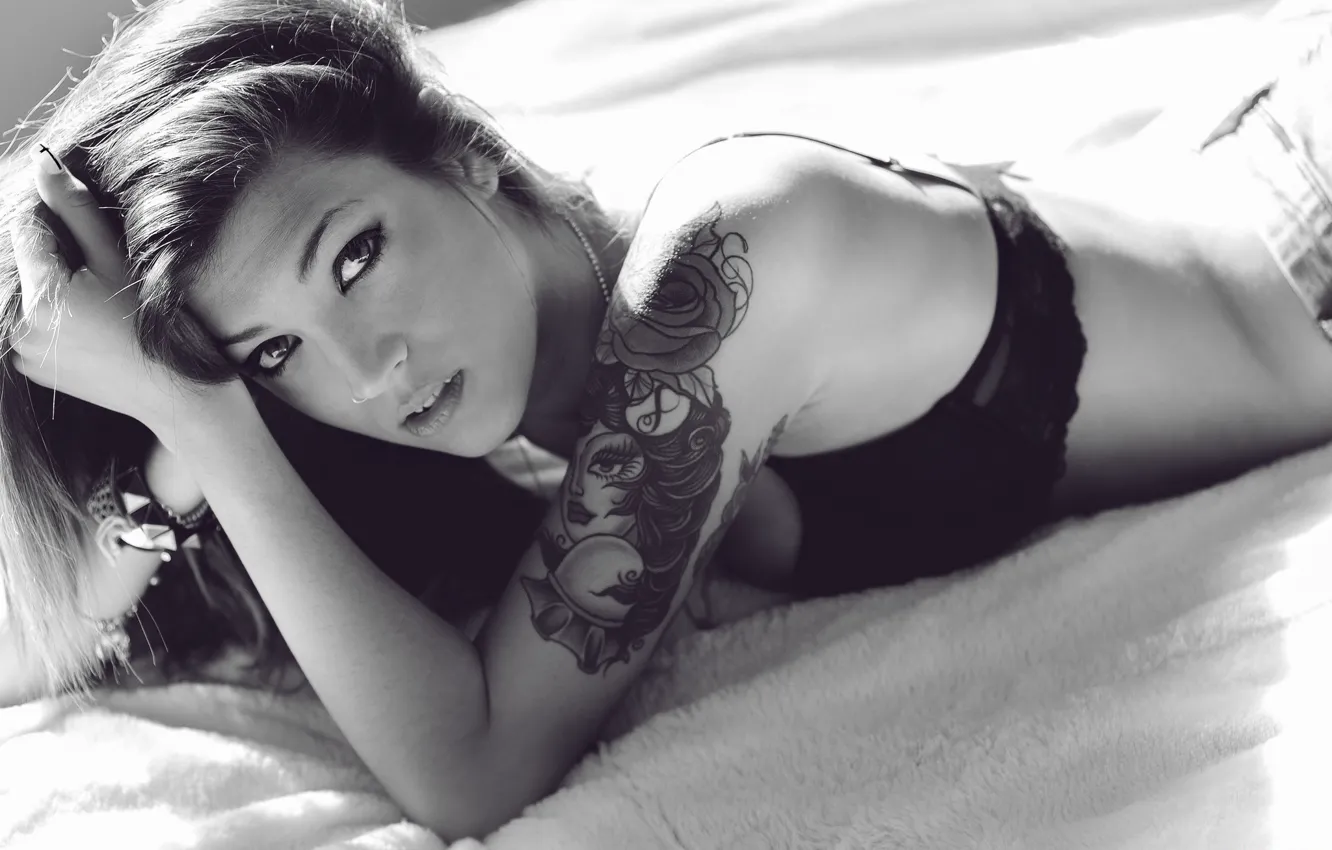 Photo wallpaper girl, brunette, tattoo, lies, black and white, brown hair, bra, Stripped