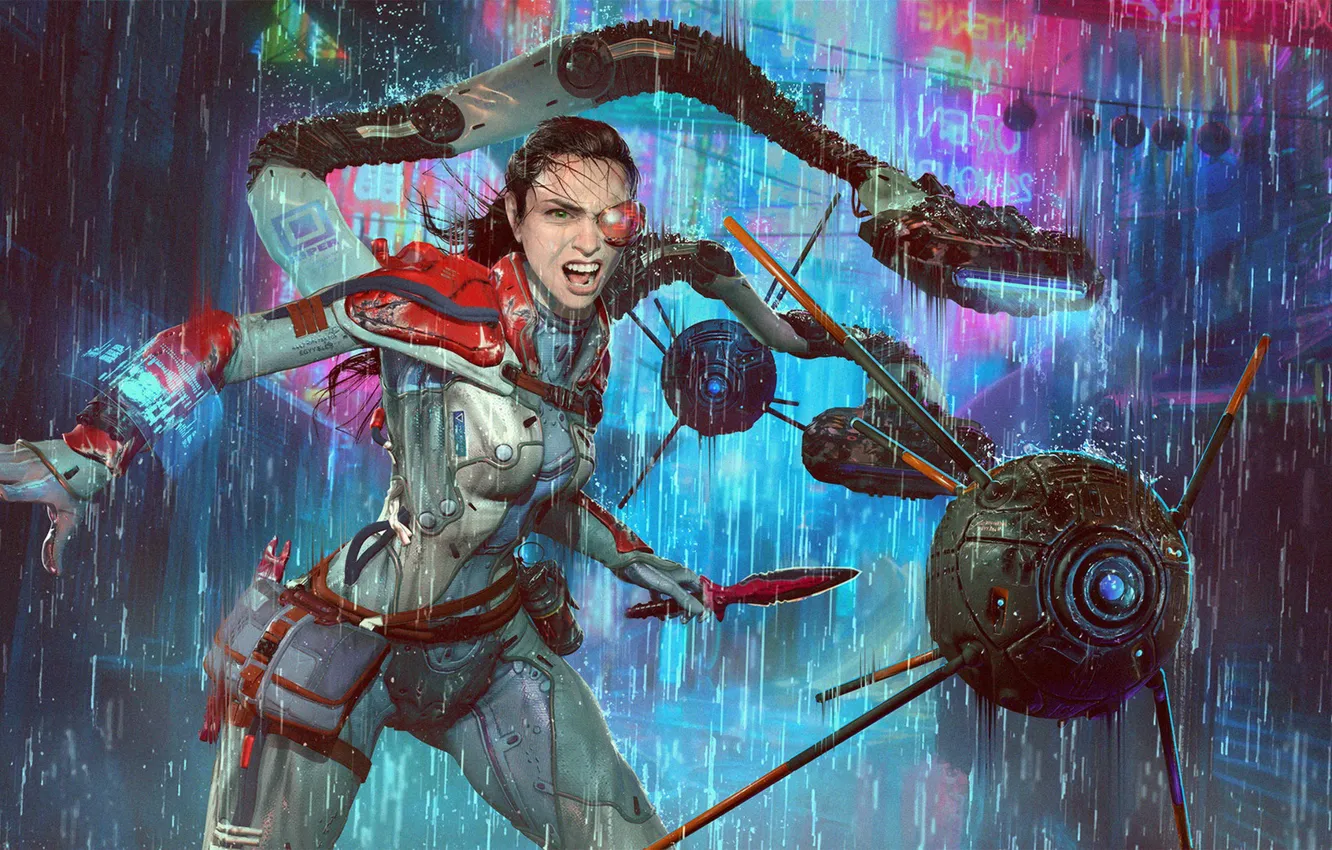 Photo wallpaper girl, rain, cyborg, drones
