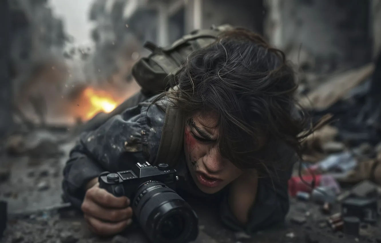 Photo wallpaper girl, the camera, digital art, AI art, The Art of Artificial Intelligence, War and conflict …