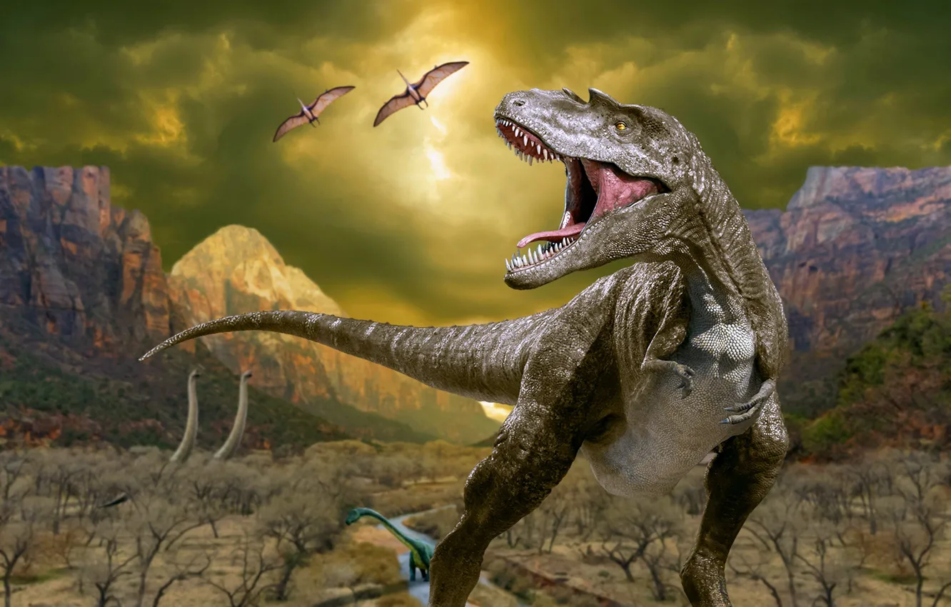 Photo wallpaper Mountains, Predator, Animals, Photoshop, T-Rex, Tyrannosaurus, Grin, Dinosaurs
