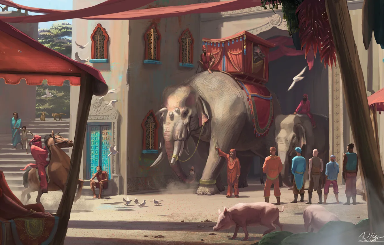 Photo wallpaper animals, people, building, Elephants, Ride Through The Town