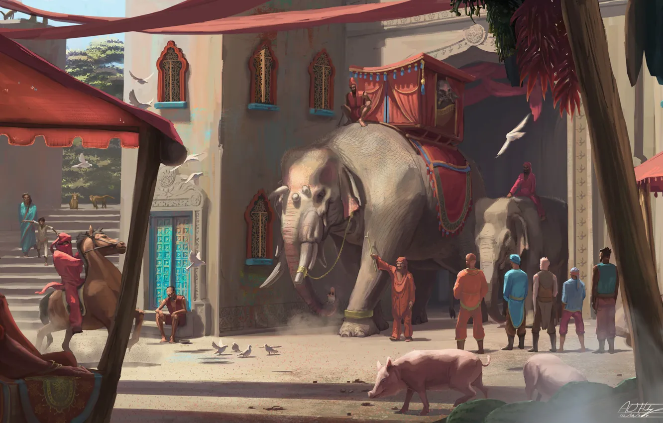 Photo wallpaper animal, people, building, elephants, Ride Through The Town